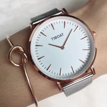 

TIBOAT Minimalism Silver Bracelet Roes Gold Dial Womens Watch Waterproof Luxury Brand Wrist Watches Simple Female Clock