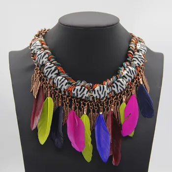 

New Arrived Bohemia Multicolor Feather Collar Rope Stone Chain Alloy Necklace Vintage Women Fashion Statement Necklace