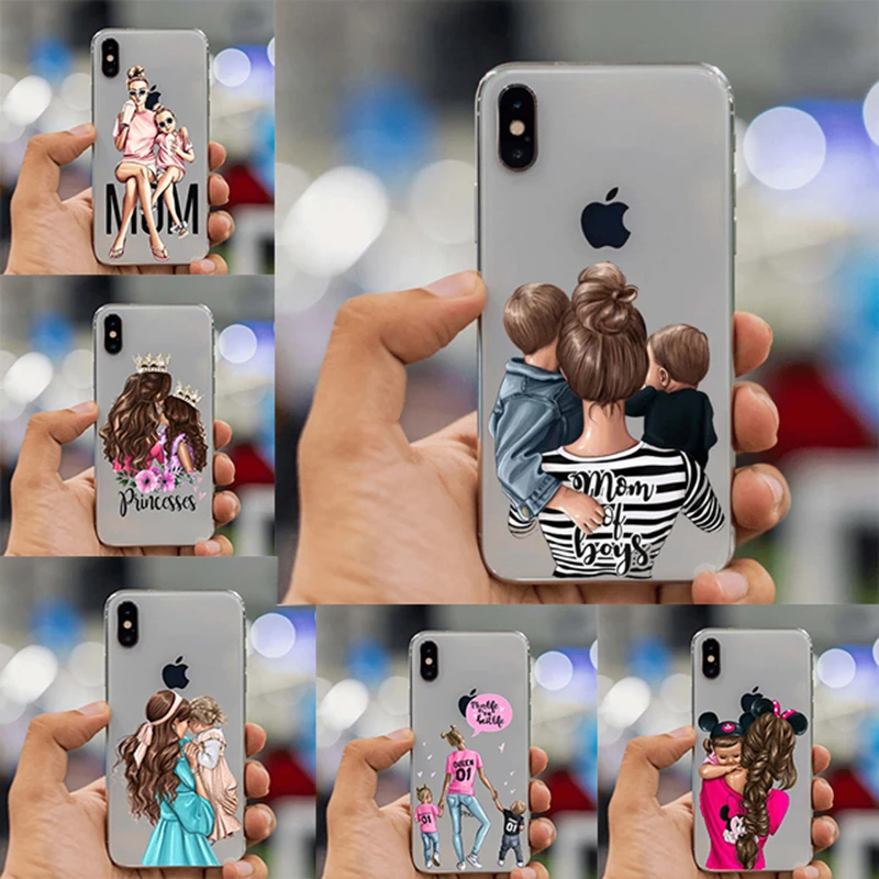 

Fashion Black Brown Hair Baby Mom Girl Queen Case For iPhone X XS Max XR 8 7 6 6s Plus Soft Silicon Girl drinking coffee Cover