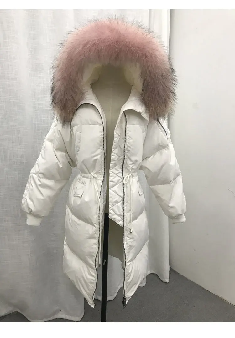 Зимняя женская куртка с воротником из натурального меха енота, Толстая теплая парка с капюшоном, пуховик на утином пуху, женская верхняя одежда YRF03 - Цвет: White Pink