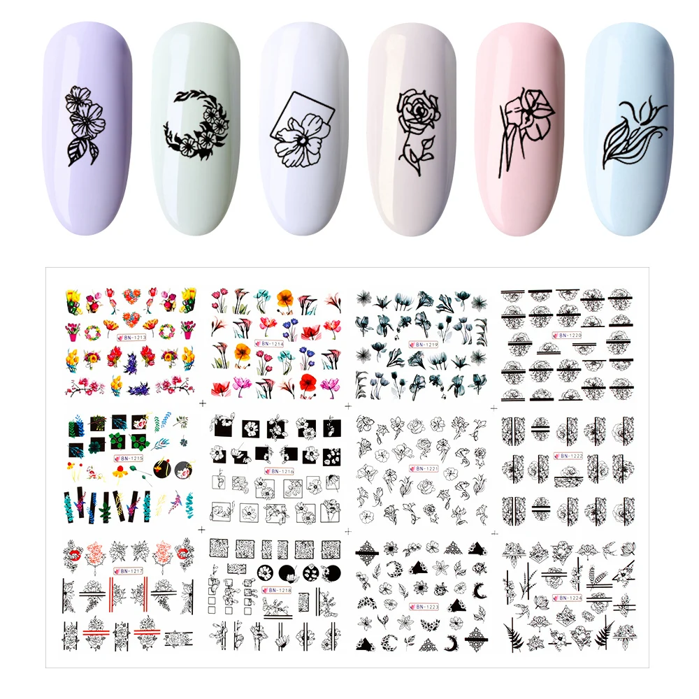 

12 Type Flower Leaf Design Slider Nail Sticker Colorful Geometry Water Transfer Decal On Nails Art Manicure Decoration Foils Tip