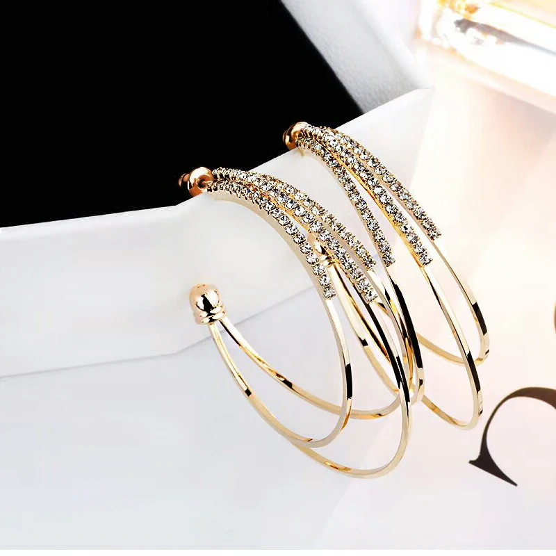 

2019 personality type C pendientes jewelry bijoux fashion S925 silver needle golden rhinestone circle hoop earrings for women