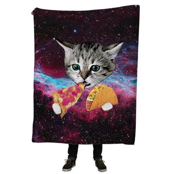 

EHOMEBUY 3D Blanket Cute Cat Space Pizza Kitty 3D Print Baby Kids Flannel Quality Soft Spread Home Decor Portable Cover