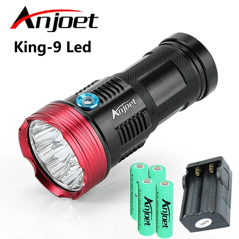 Anjoet Hunting Flashlight 15000 lumens King 9T6 LED 9 x XM-L T6 Torch lantern For Camping Work Lamp+4X 18650 Battery+Charger Anjoet Hunting Flashlight 15000 lumens King 9T6 LED 9 x XM-L T6 Torch lantern For Camping Work Lamp+4X 18650 Battery+Charger