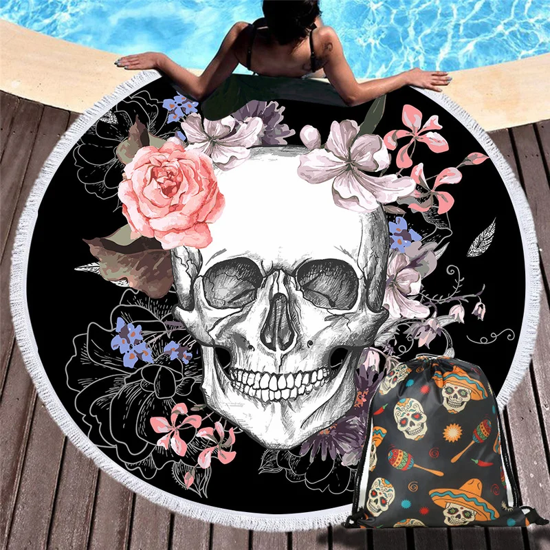 

3d Printing Sugar Skull Round Beach Towels Flowers Drawstring Bag Makeup Storage Bag Travel Soft Beach Towel Swimming Towel