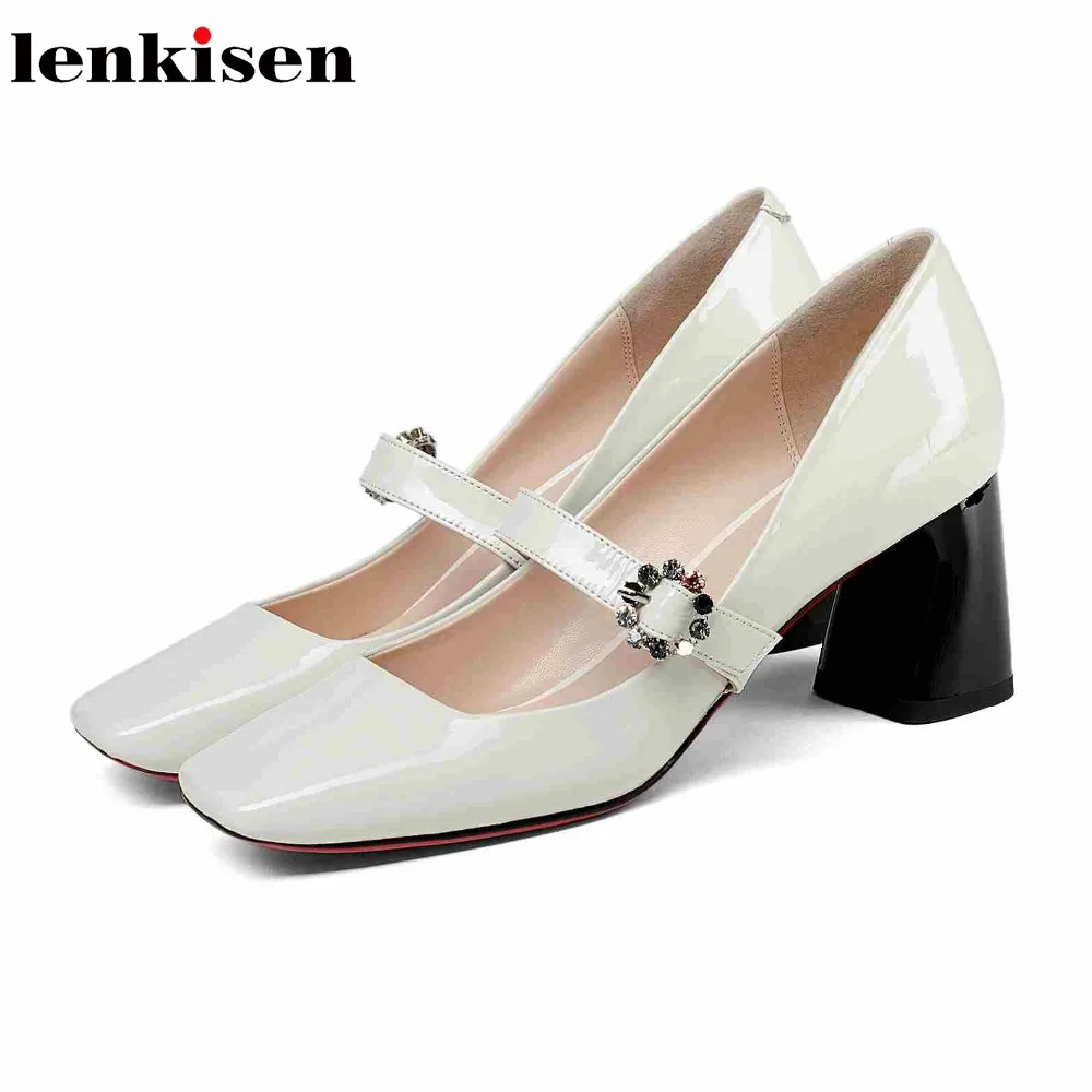 

Lenkisen genuine leather square toe square high heel buckle straps colorful rhinestone plus size gladiator career lady pumps L43