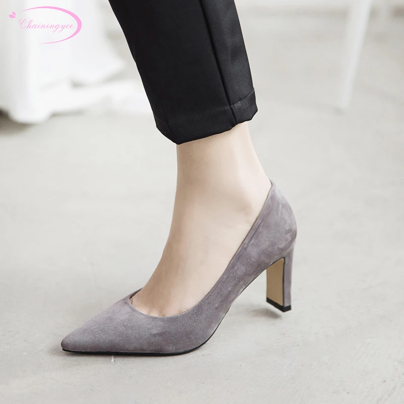 

Korean casual style sexy pointed toe sheep suede pumps fashion natural leather apricot black gray high heels women's shoes