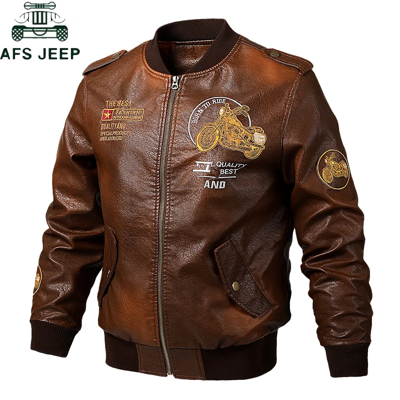 

2019 Embroidery Bomber Pilot Leather Jacket Men Plus SIze 5XL Military Vintage Motorcycle Pu Leather Baseball Coat Jaqueta Couro