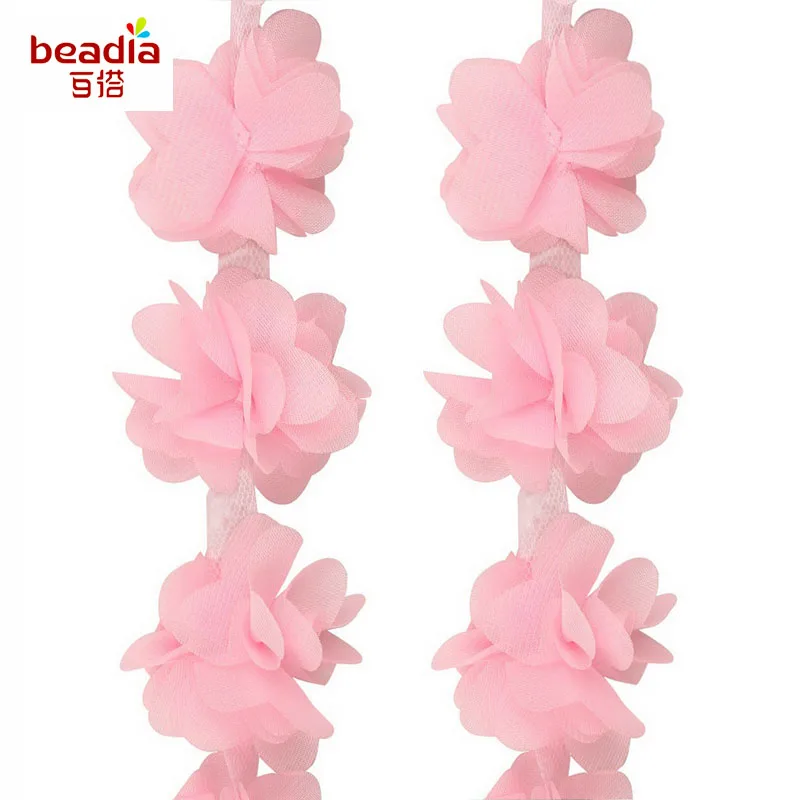 

Pink Color 3D Chiffon Cluster Flowers 5cm width Orangza Lace Trim 2 yards approx 24pc Handmade Flower