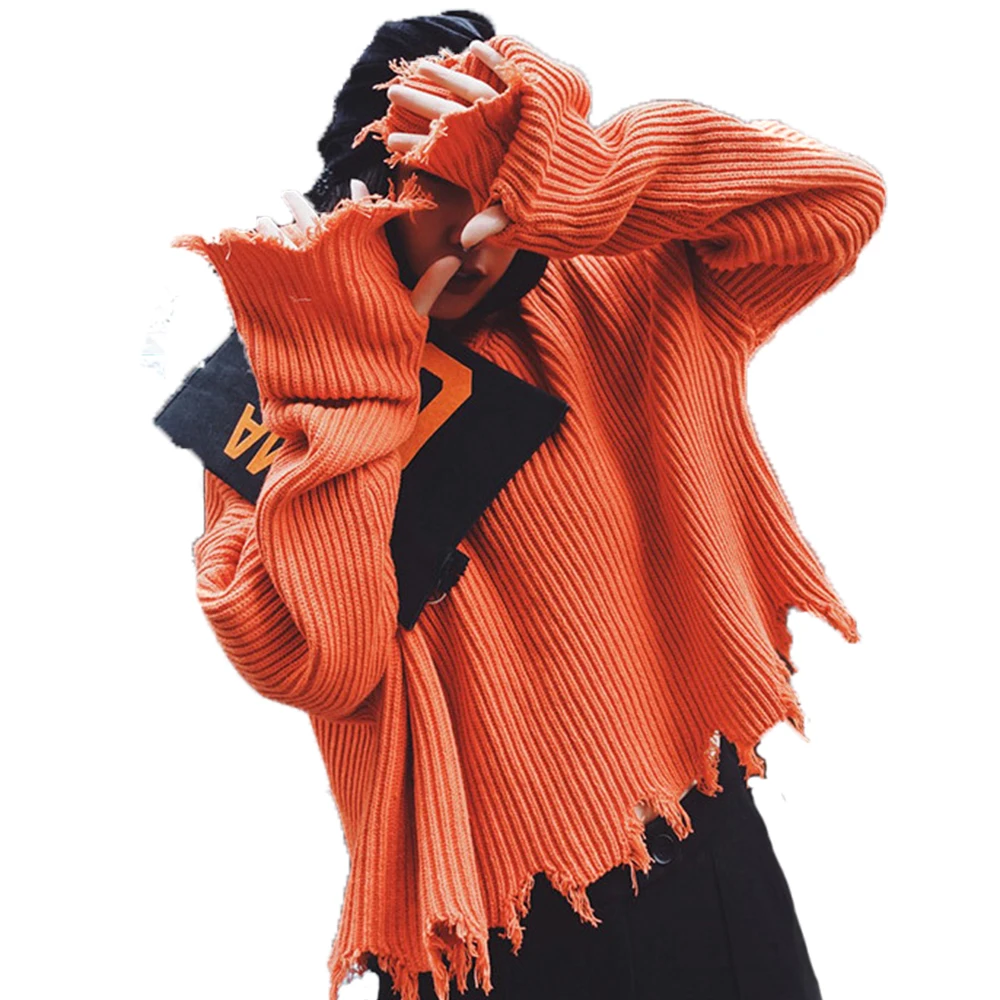 Pullover Short Sweaters with Ripped Tassels 2018 Women New Long Sleeves Loose Sweater Girls Autumn Irregular Knitted Jumpers | Женская