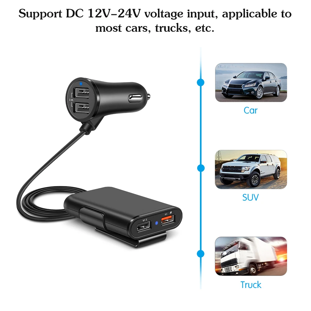 Powstro Fast Car Charge 3.0+2.4A+3.1A 4 USB Parts with 5.6ft Extension Cord Cable Mobile Charger Adapter for Back Seat Charge