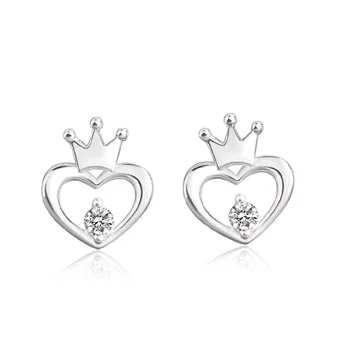 

925 Sterling Silver Piercing Crystal Heart Crown Stud Earrings for Women Girls Wedding Party Gift Femme Jewelry A134