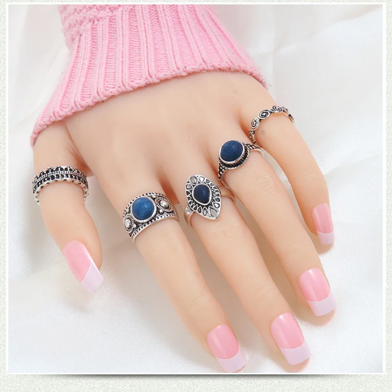 

5 pcs Vintage Girls Auspicious clouds Ring Sets Natural Black Stone Knuckle Ring 8CRD91