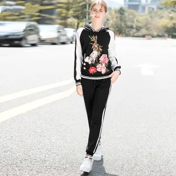 

Tracksuit Women 2020 Spring New Women's Embroidered Hooded Sweatshirt Top + Pencil Pants Trousers Two-piece Sets Female