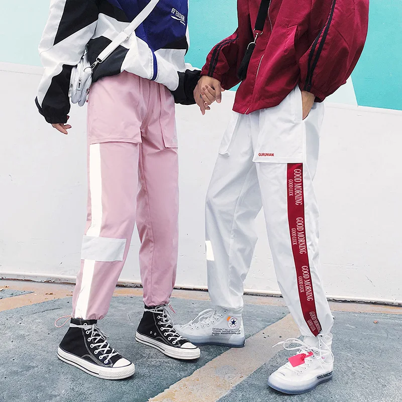 

Fashions Reflective Pink Mens Cargo Pants High Street Summer Black Pocket Hip Hop Men Joggers Baggy Male Tracksuit Men Clothing