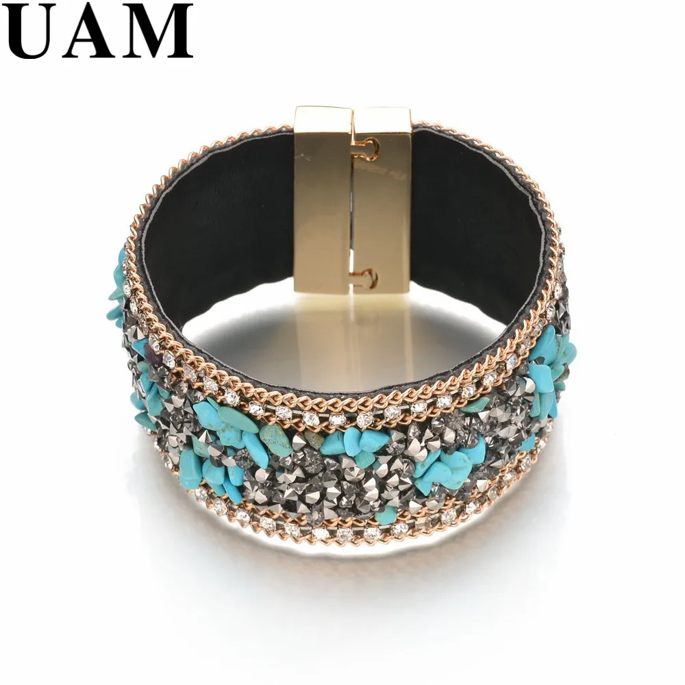 UAM 2 Colors Copper Magnet Blue Wide Leather Bracelets For Man Women Unisex Trendy Jewelry Faux Stone Brazaletes Pulseras Mujer | Украшения