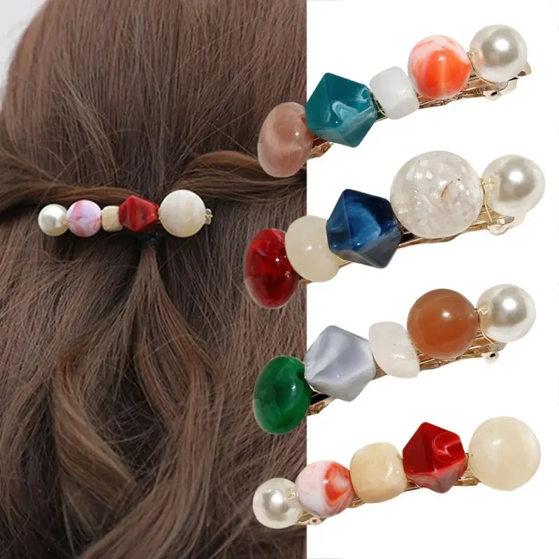 

Korean Women Colored Acetate Stone Spring Hair Clip Faux Pearl Handmade Weaving Ponytail Holder Styling Clamp Geometric Hairgrip