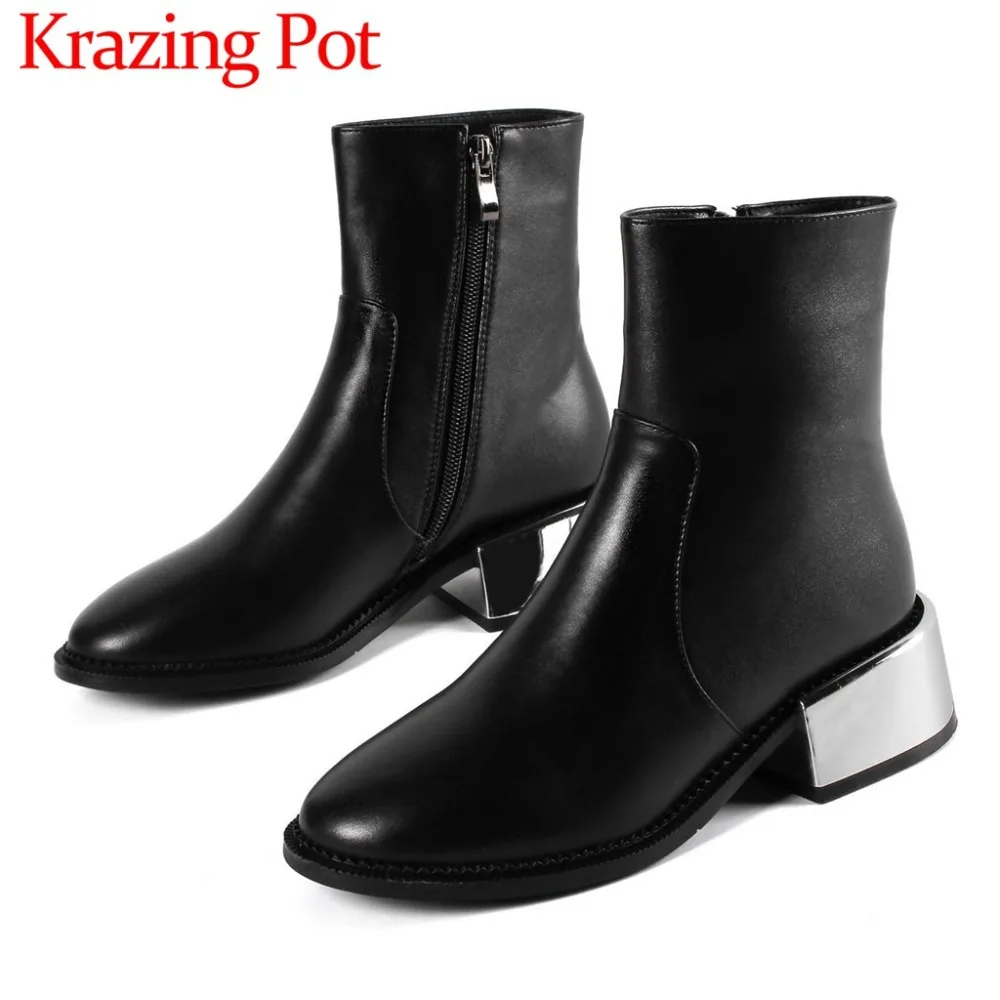 

Krazing Pot winter brand black color sleek cow leather round toe chunky med heels zipper British style elegance ankle Boots Lqf2