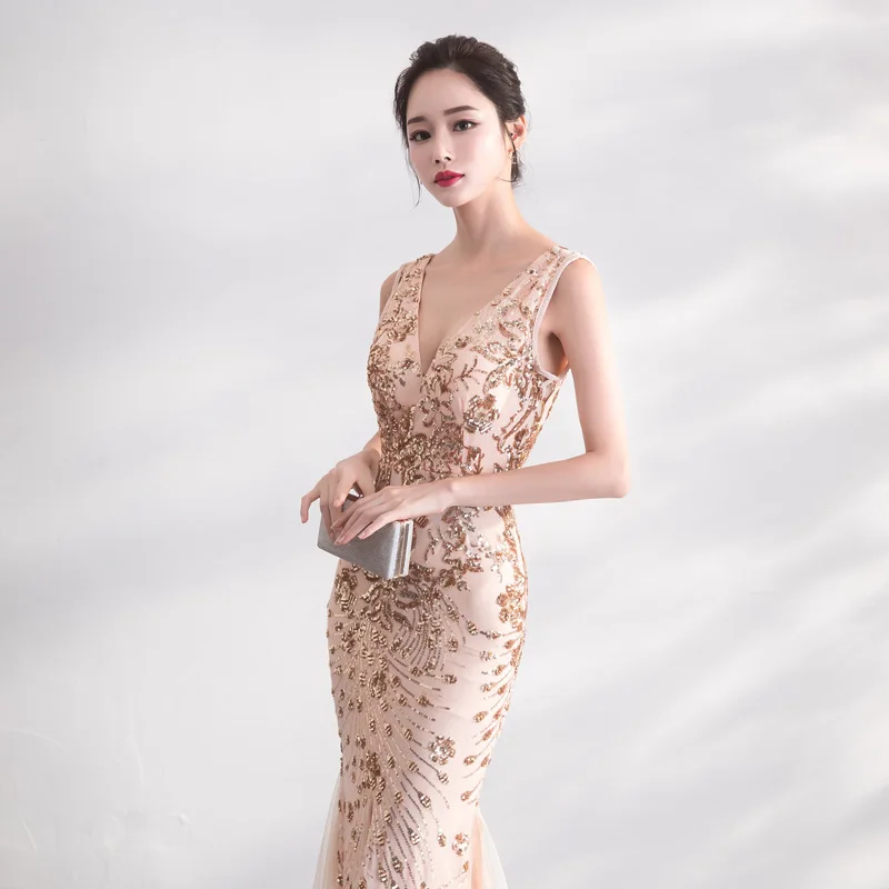 DongCMY золотого цвета платье для выпускного с пайетками Vestido Длинное Элегантное Вечернее женское платье