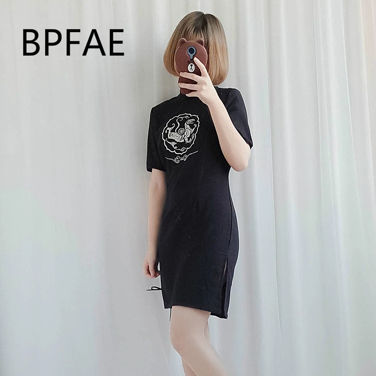 

2018 New Harajuku Vintage Chinese Style Dragon Embroidery Hollow Out Side Slit Black Cheongsam Qipao Gothic Darkness Mini Dress