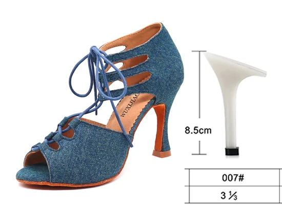 WUXIJIAO/Новинка; Танцевальная обувь для девочек; Джинсовая ткань; обувь на шнуровке; обувь для латинских танцев; женские туфли для самбы; вечерние туфли для бальных танцев на мягкой подошве; 5-10 см - Цвет: heel 8.5cm