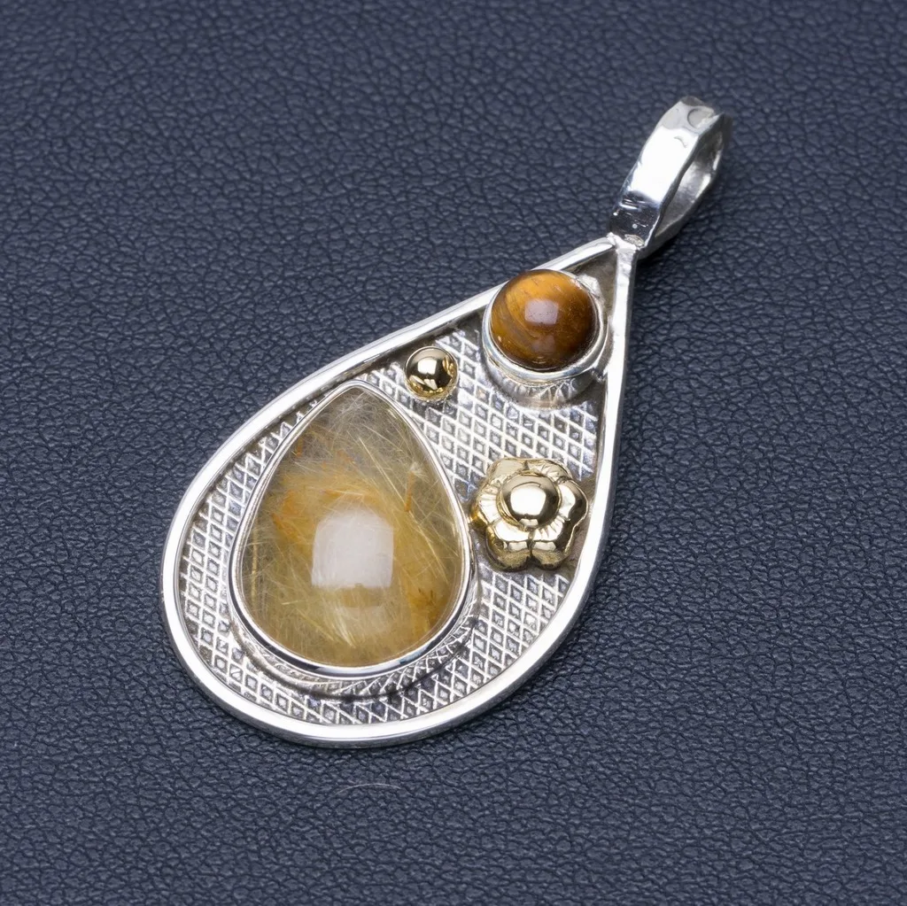 

Natural Rutilated Quartz and Tiger Eye Punk Style 925 Sterling Silver Pendant 1 3/4" Q0535