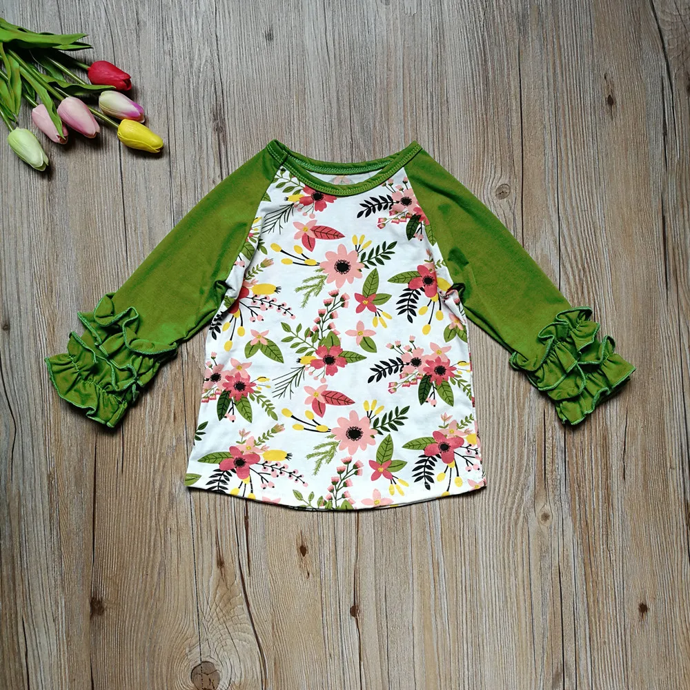 

2017 Baby Christmas Cotton Ruffle Top Girls Flower Printed Knitted Pullover Children Green Floral Casual T-shirt D0488