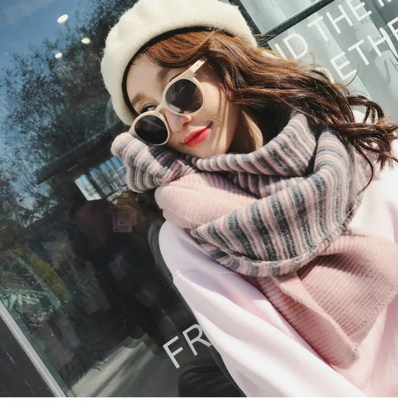 Шарфы женские вязаные толстые трендовые цветные полосатые студенческие длинные шарфы корейский стиль элегантные женские шали зимние простые милые
