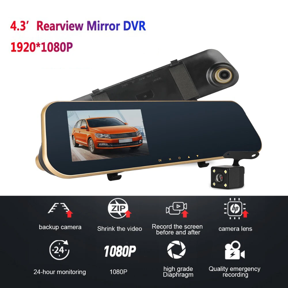 

4.3 Inch 1080P Night Vision Car Camera Rearview Mirror DVR Dual Lens Dash Cam Recorder Video Registrator Camcorder DVR Auto Cam