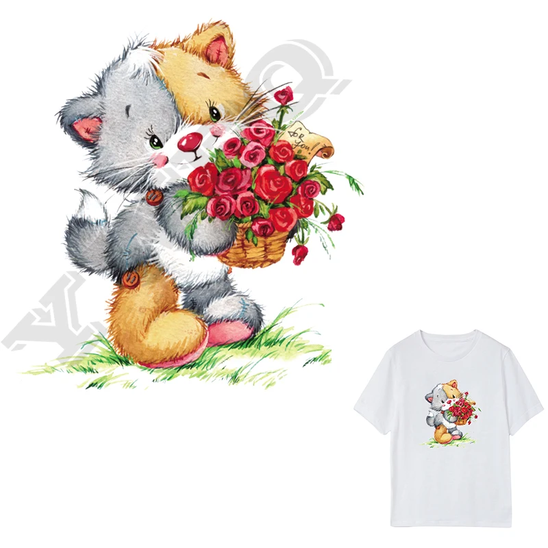

Lovely Flower Bear Animal Patches Ironing Sticker For Dress Hoody DIY Clothes Decor Heat Transfer Washable Rose Appliques