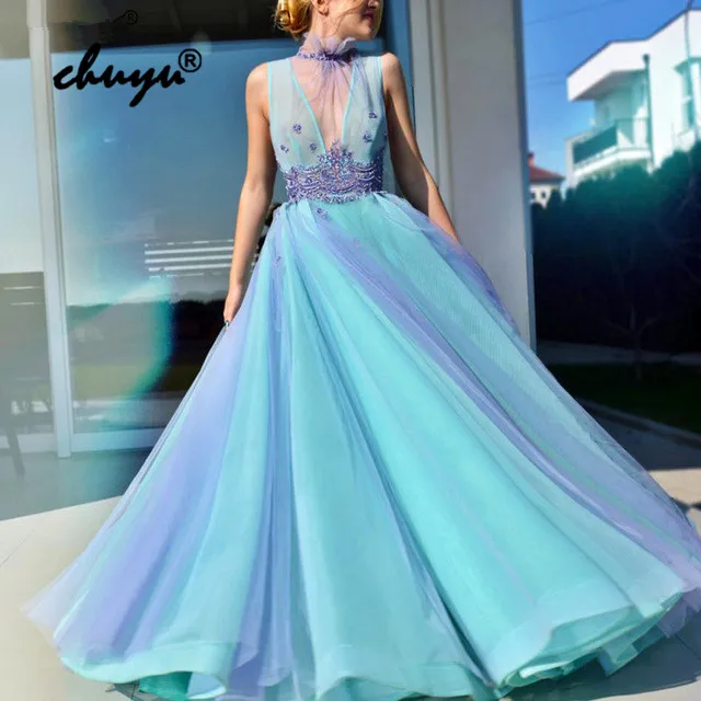 

Lilac Muslim Evening Dresses V-Neck Appliques Beads Illusion Islamic Dubai Saudi Arabic Evening Gown Boho Prom Dress