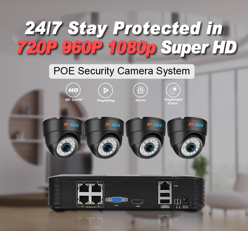 BESDER домашнего наблюдения Системы 4CH IP безопасность Камера PoE NVR Kit CCTV Системы 1080 P 960 P 720 P 4 Крытая купольная IP камера Камера PoE P2P