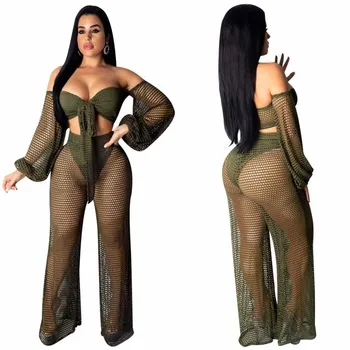 

Women Hollow Out Mesh Sexy Suits Off-Shoulder Lace-Up Crop Tops Two Piece Sets Solid Long Lantern Sleeve Party Outfit