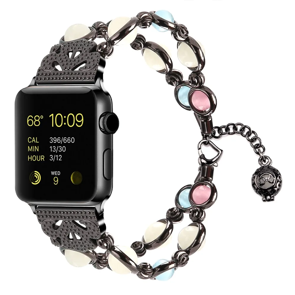 Уникальный браслет ручной работы для часов Apple, Женский светящийся регулируемый браслет iWatch с жемчугом, металлический браслет для серий Apple 1, 2, 3, 4, 5