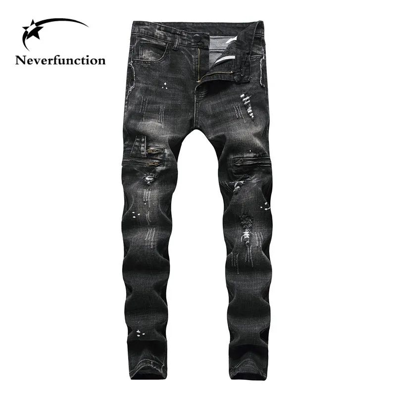 

Fashion brand Men Slim fit Hip hop Swag Straight Ripped Black Jeans Men Motorcycle Destroyed Cotton Vintage Holes Denim Pants