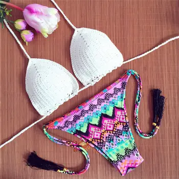 

Women Bikini Swinsuit Pure Handmade Top Sexy Halter Swimwear Floral Print Biquini Low Waist Swimsuit
