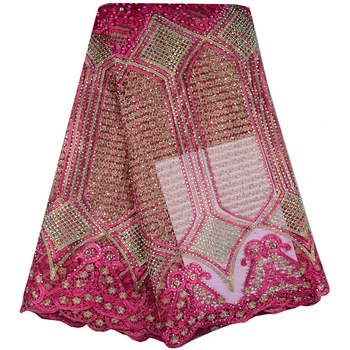 

Fuchsia Color Latest African French Lace Fabric High Quality African Tulle Lace Fabric With Beaded And RhineStones For Wedding