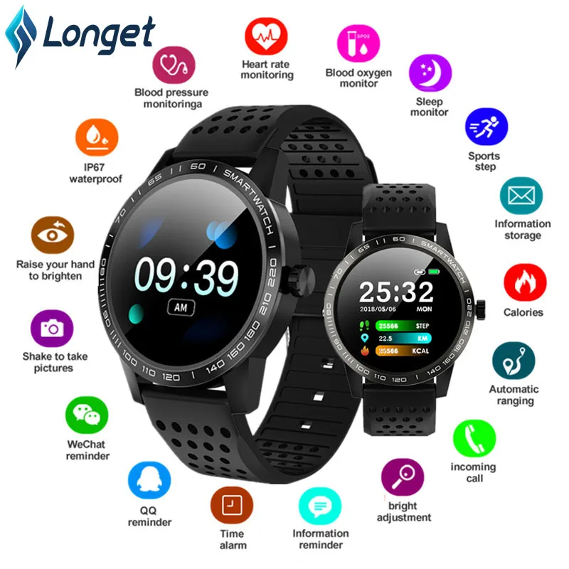

Longet Fitness Watch T2 Blood Pressure Alarm Clock Men Watch Waterproof Call Reminder Sport Wristband Black for iOS Android