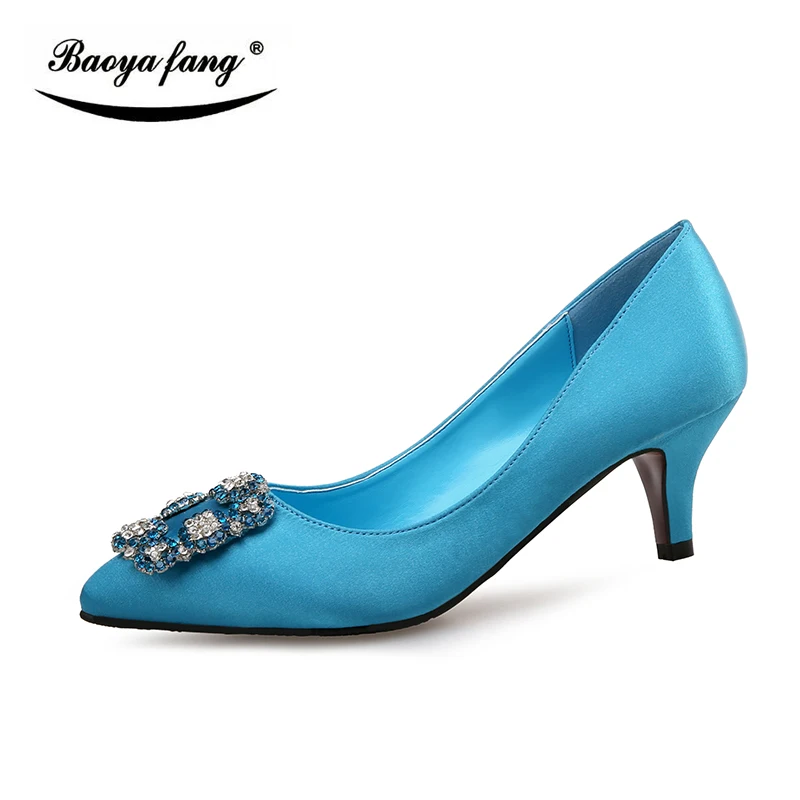 

BaoYaFang shallow Fashion shoes woman pointed toe Thin heel wedding shoes ladies fashion Pumps Green Crystal Buckle red sole