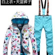 Горячий женский лыжный костюм женский комплект для сноубординга Женская лыжная одежда яркий цветочный принт Лыжная куртка и голубой комбинезон