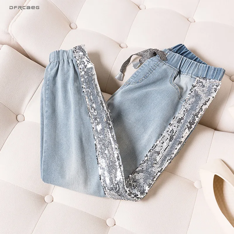 5XL плюс Размеры BF Джинсы женские летние 2019 эластичный пояс блестками джинсы с пэчворком уличная Винтаж женские джисы