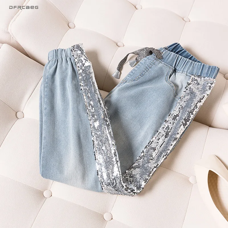 

5XL Plus Size BF Jeans Woman Summer 2019 Elastic Waist Sequins Patchwork Denim Pants Streetwear Vintage Trousers Jeans Femme
