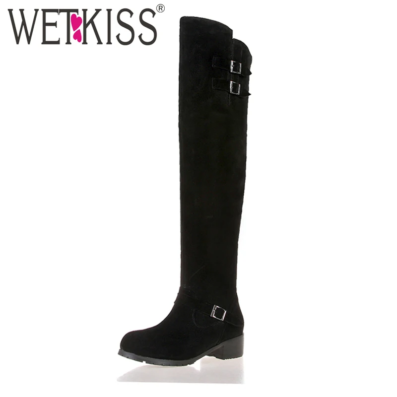 

WETKISS Plus Size 33-43 Genuine Suede Leather Women's Over Knee Boots Fashion Buckle Strap Chunky Heels Winter Boots Zipper Shoe