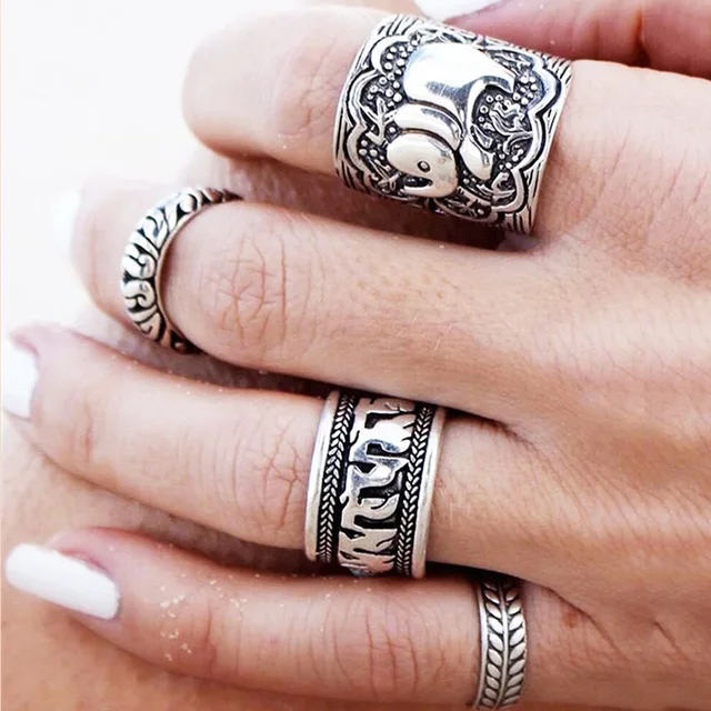 4 PZ Etnico Vintage Elephant Anelli Set Bohemian Unico Argento Antico Placcato T 4 PZ Etnico Vintage Elephant Anelli Set Bohemian Unico Argento Antico Placcato T