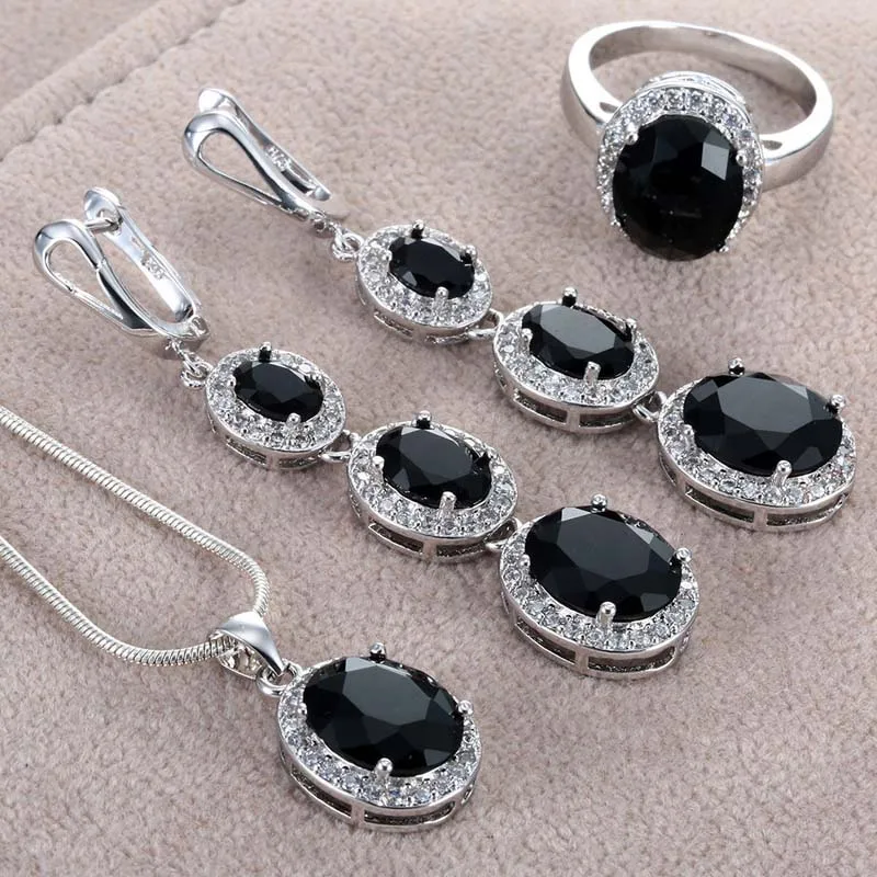 Черные сережки со стразами, кольца, ожерелья, наборы серебряного цвета, ювелирные наборы для женщин, свадебные ювелирные изделия, роскошные 3 шт., ювелирные наборы L5Z013