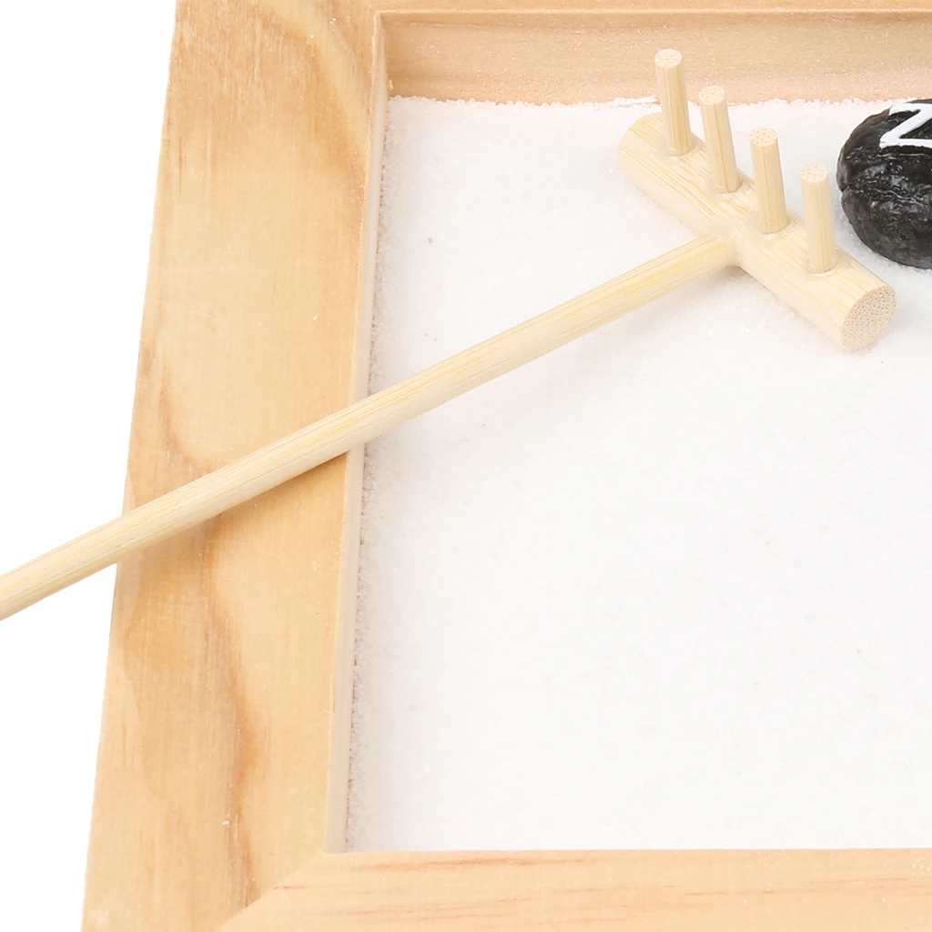 Table Desk Zen Garden Sand Wood Tray Natural Stones Rake Meditation Craft Home Table Decor Miniature 