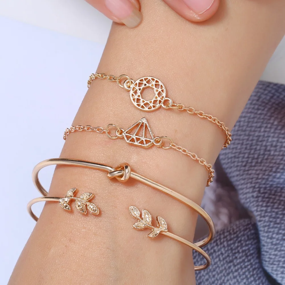 4pcs Bohemian Leaf Knot Charm Bracelets Sets For Women Fashion Gold