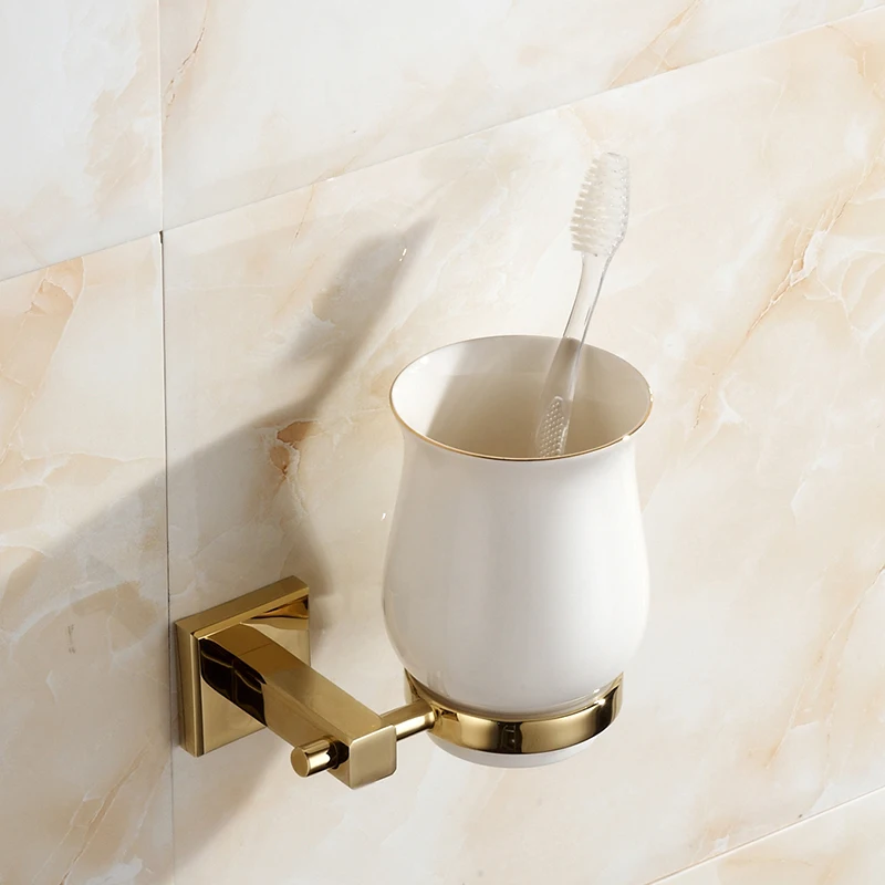 Европейский Золотой Медь подстаканник полированной латуни Зубная щётка держатель с Керамика чашка настенное крепление Аксессуары для ванной комнаты g67