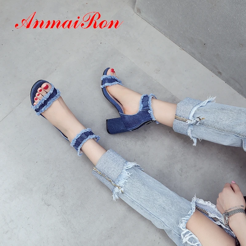 

ANMAIRON Denim Women High Square Heels Sandals Basic Casual Zip 2019 Summer Fashion High Heel Shoes Size 33-43 LY1589