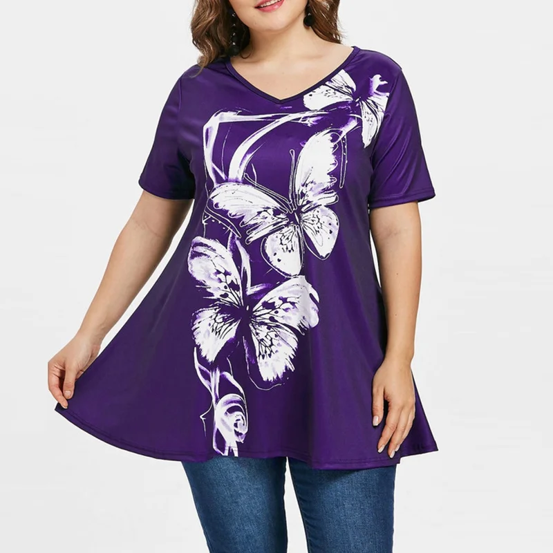 

Plus Size 5XL Butterfly Printing V-neck Loose T-shirt for Women 2019 Korean Style Casual T Shirt for Female Camiseta Mujer